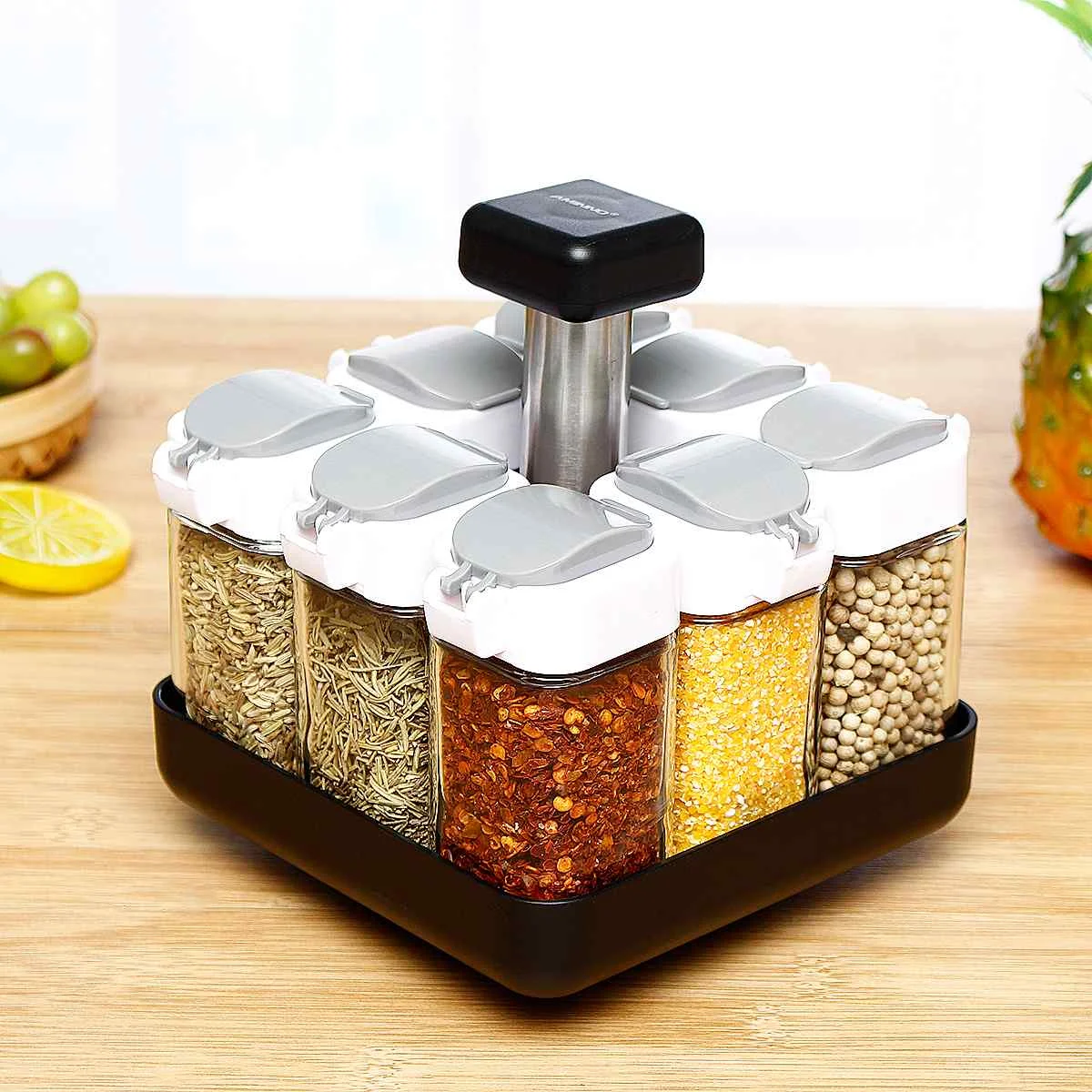 

Rotating Spice Storage Rack Stand Holder + 8 Bottles Kitchen Seasoning Organizer Shelf Condiment Spice Jars Set Kitchen Tools