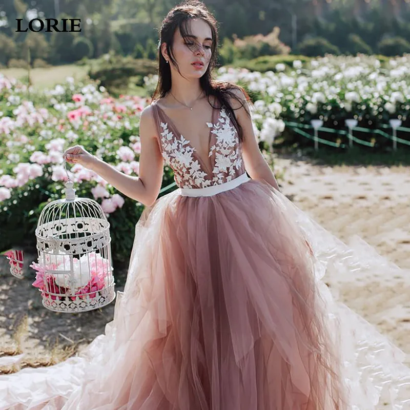 

LORIE New Design Dirty Pink Boho Wedding Dresses Sexy V Neck Vintage Lace Bridal Gowns Open Back Wedding Party Dress Custom Made