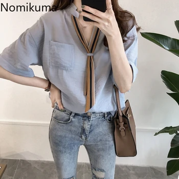 

Nomikuma V Neck Short Sleeve Blouse Women Tie Lace Up Oversized Shirts Female 2020 Summer New Arrival Tops Blusas Mujer 3a286