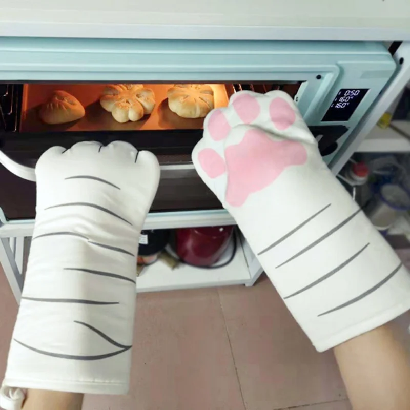 1PC Cute Cartoon Cat Paws Oven Mitts Long Cotton Baking Insulation Microwave Heat Resistant Non-slip Gloves Animal Design silicone oven mitts kitchen gloves silicone oven gloves cotton pot holders