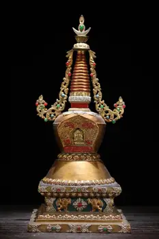 

Home Decor 18" Tibet Buddhism Temple Bronze Painted Gilt Inlaid gems stupa Sakyamuni Pagoda Medicine Buddha Statue