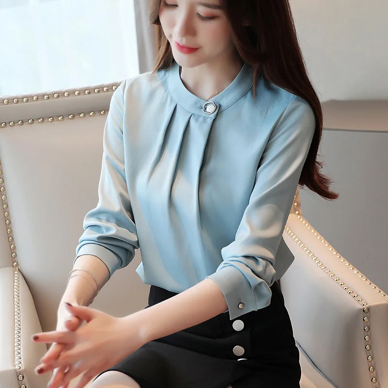 

Anqi Pull Drape Shirt Women's 2019 New Style Early Autumn si guang duan Surface Shirt Western Style Long Sleeve Professional Top