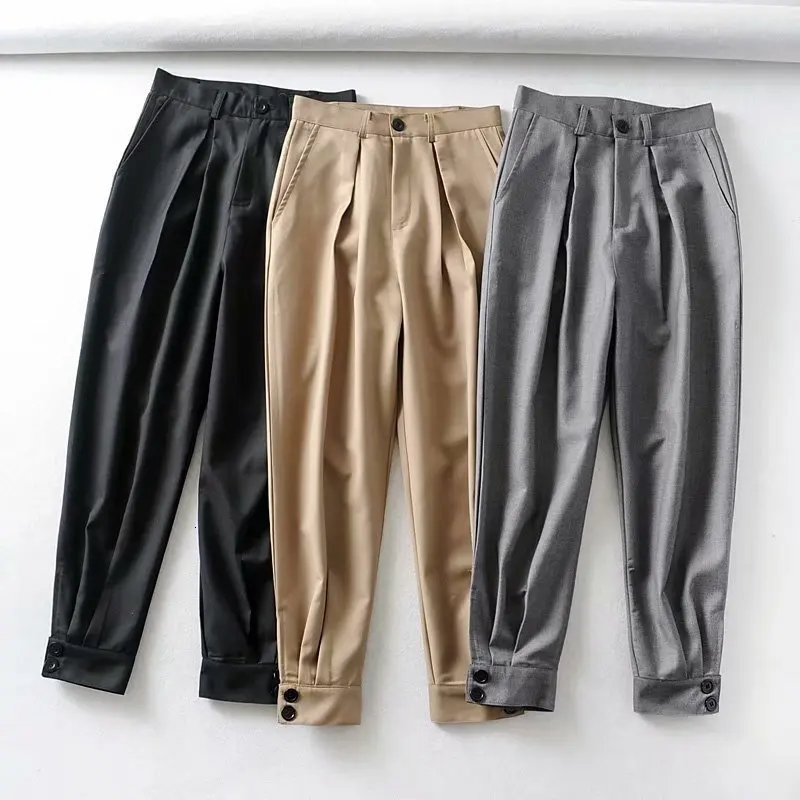 Костюм для отдыха, плиссированные брюки с высокой талией, женские брюки-карандаш на пуговицах, Корейская одежда