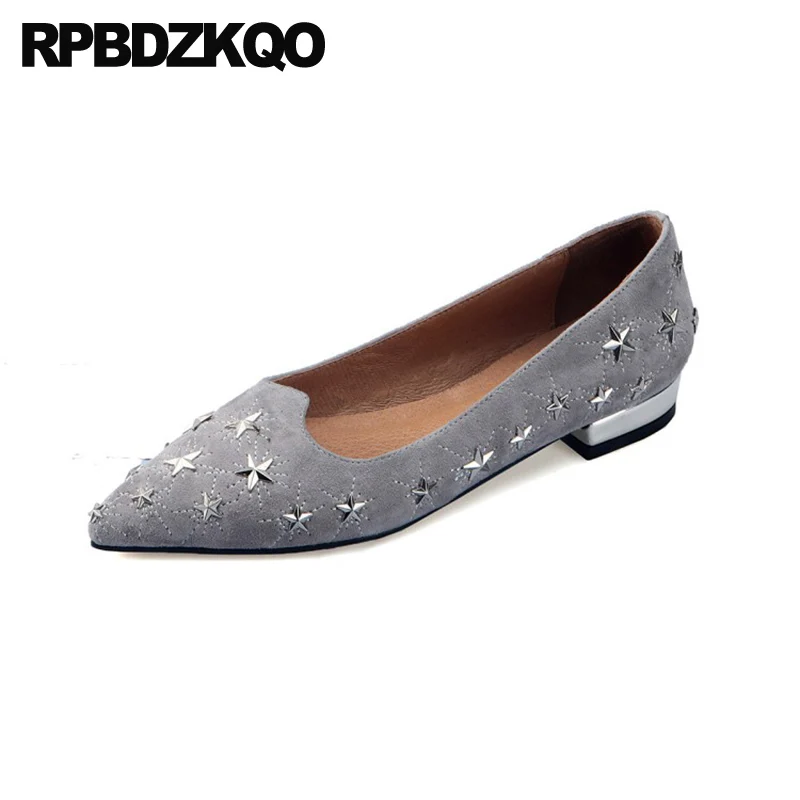 

genuine leather high quality gray suede flats china black pointed toe metal stud shallow designer shoes women luxury 2019 rivet