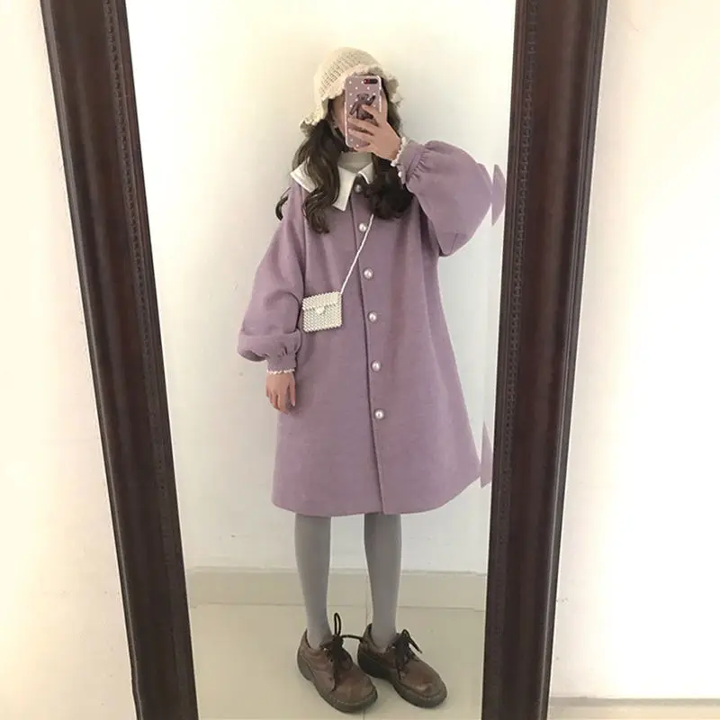 2019 толстое Женское шерстяное пальто Kawaii с отворотом, зимняя женская куртка с рукавами-фонариками и жемчужными пуговицами