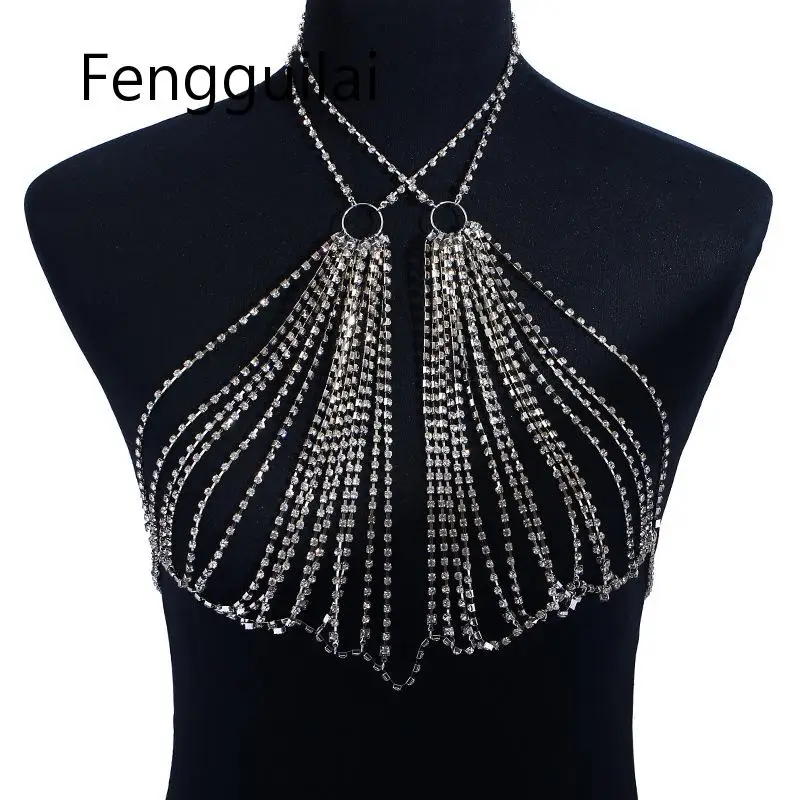 Silver FENGGUILAI, сексуальный бюстгальтер на бретельках, ручная работа, стразы, блестящий, летний, блестящий, пляжный, без косточек, вечерние, для клуба, золотой, металлический, с бриллиантами, бюстгальтер - Цвет: Silver
