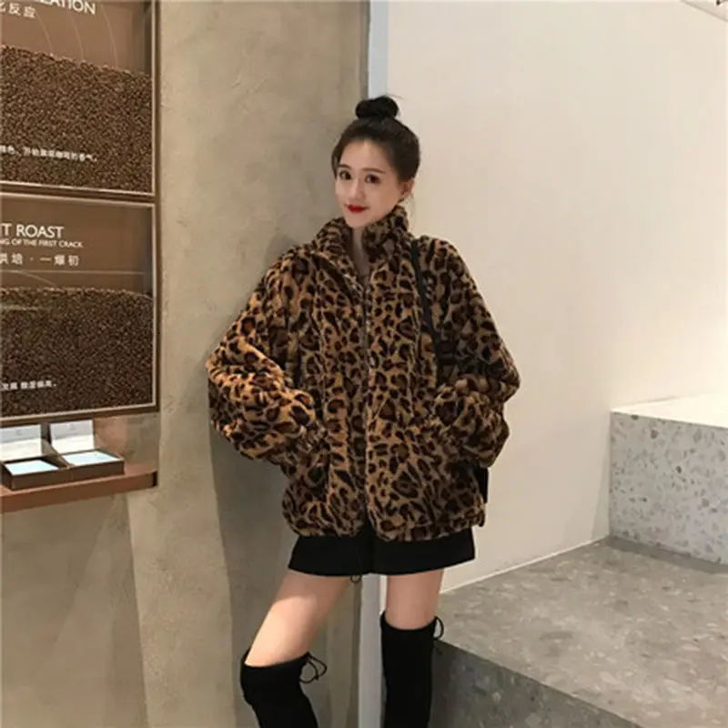 Winter Leopard Print Jacket Women's Stand collar Warm Parkas Outwear 2024 New Autumn Winter Korean Female Loose Faux Fur Coats 6