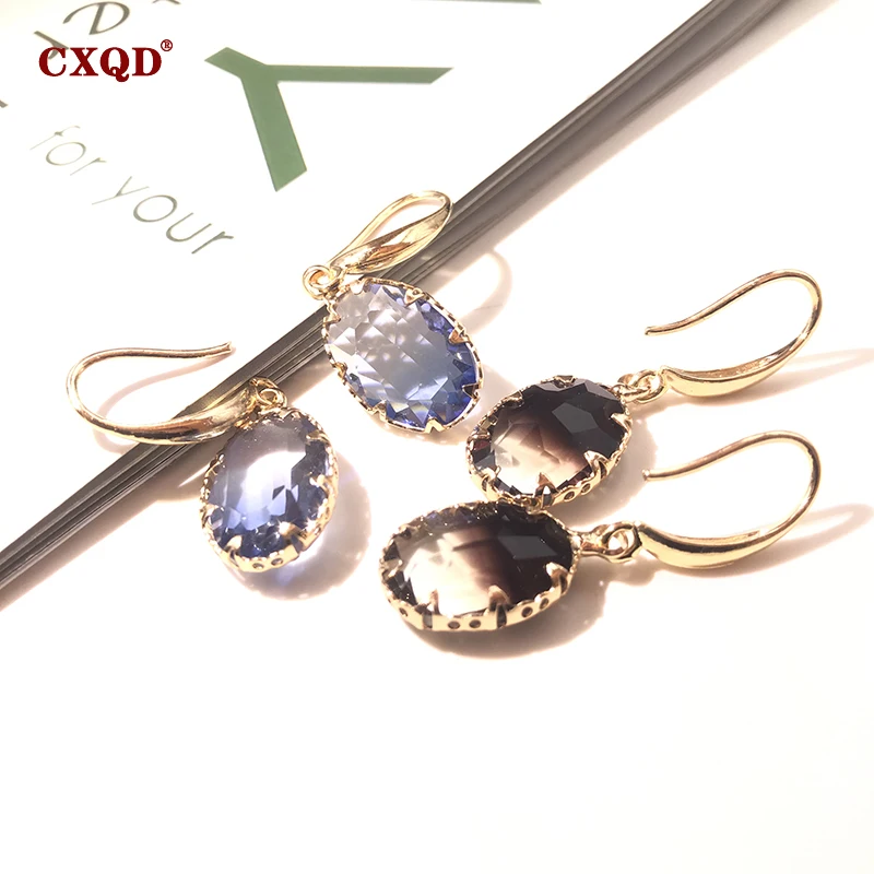 

CXQD Gold Colorful Shiny Transparent Oval Crystal Big Long Earrings For Women pendientes Pendantes Christmas Jewelry Gift