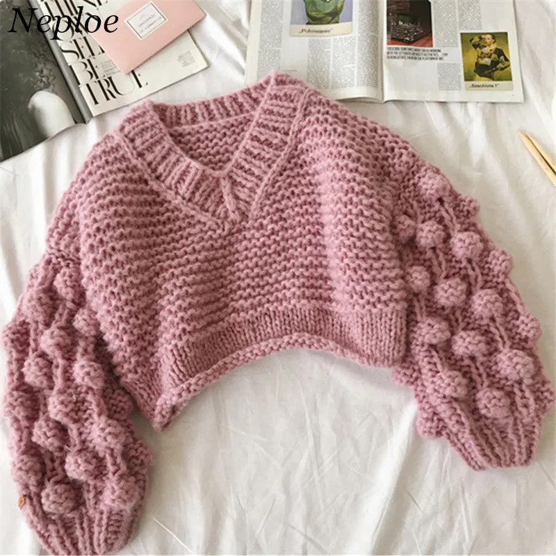 Neploe Solid Knitted Short Women Sweater V-Neck Simple Style Girl Pullover 2022 Autumn Winter Fashion Loose Sueter Mujer 68636 | Женская