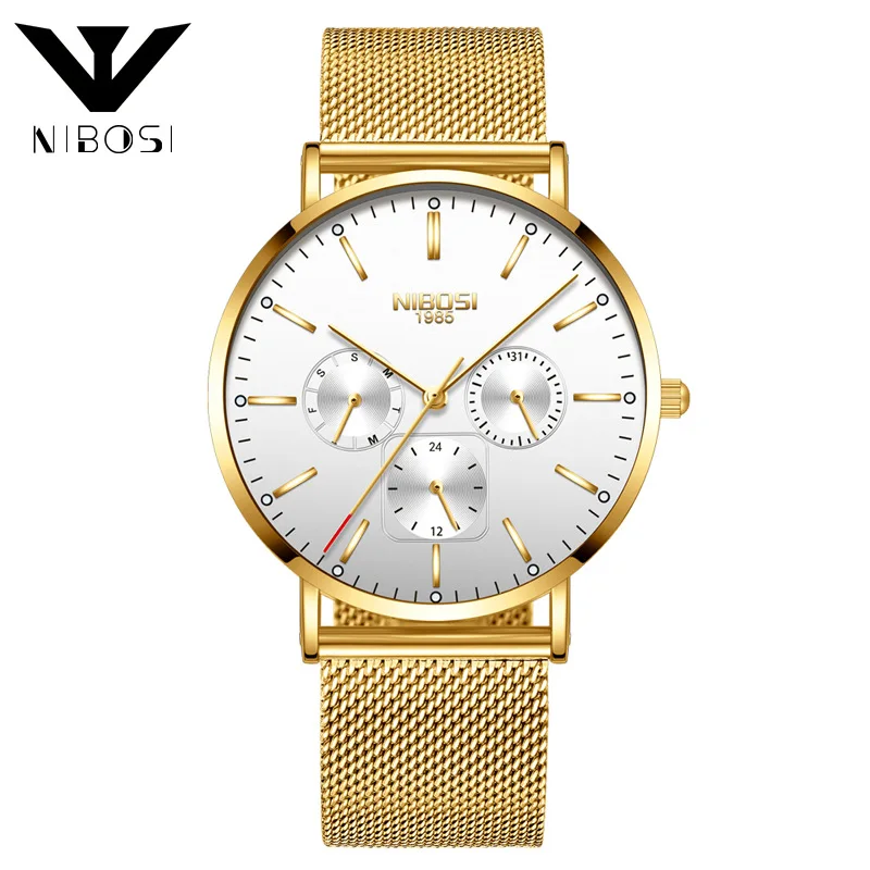 NIBOSI модные часы мужские Роскошные Лучшие брендовые стальные мужские водонепроницаемые наручные часы мужские часы кварцевые часы золотые Спортивные Повседневные - Цвет: Gold White