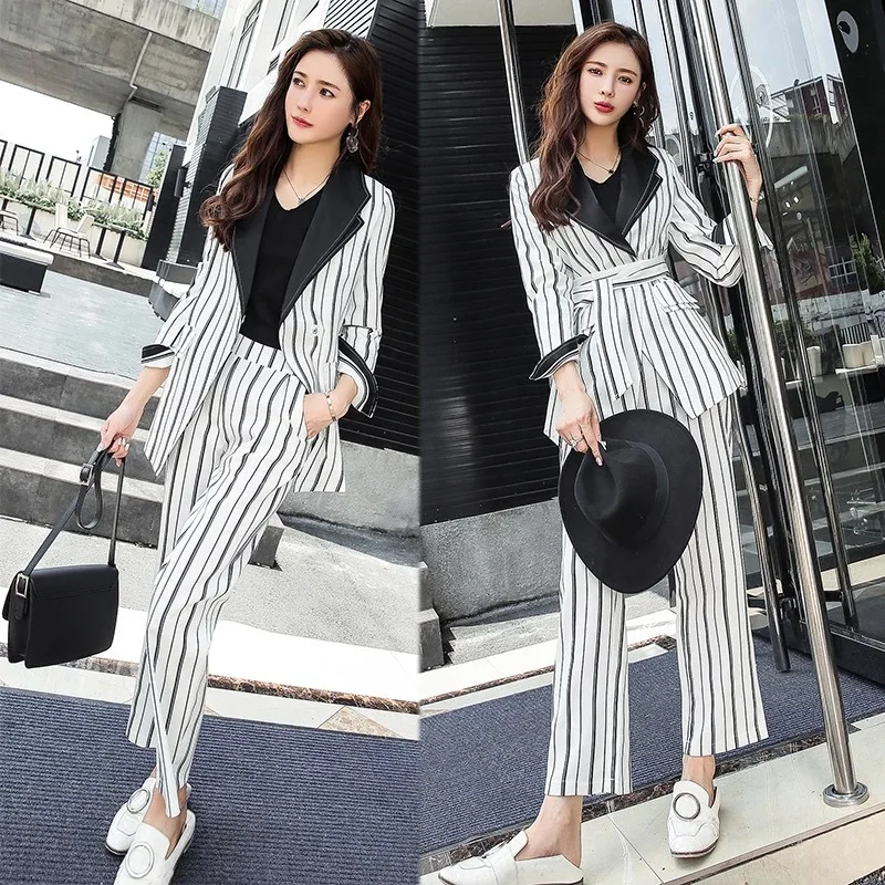 

Set female 2018 autumn and winter new temperament fashion striped suit + trousers elegant casual two-piece women's clothing