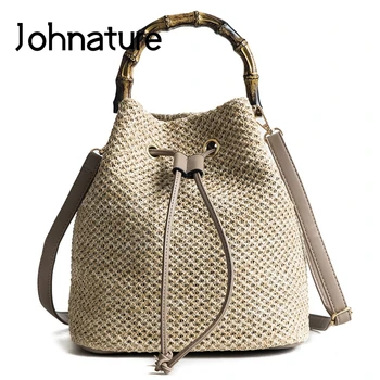 

Johnature Summer 2020 New Straw Bag Korean Fashion Woven Drawstring Bucket Solid Color Causal Shoulder&Crossbody Bags Handbags
