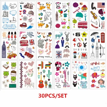 

30pcs/set Cute Fake Tattoo Cat Deer Elephant Kids Tattoo for Body Arm Hands Temporary Tattoo Sticker Waterproof Tatouage Enfant