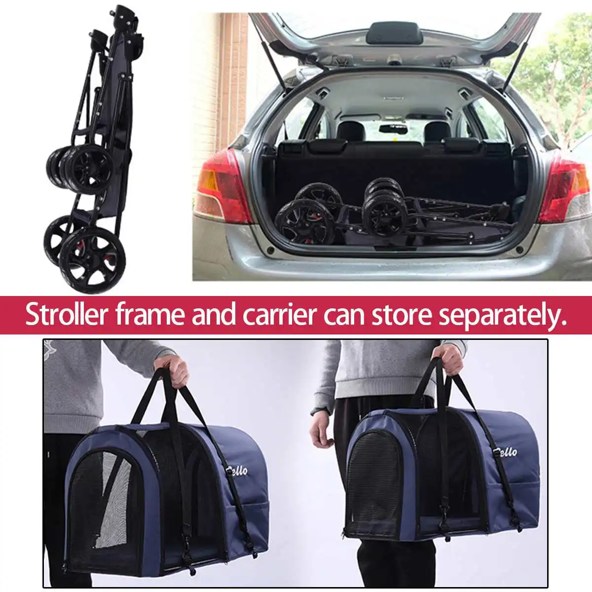  Folding Pet Stroller Double-layer Separate Room Mesh Breathable Stroller For Dog Cat Quick Foldable