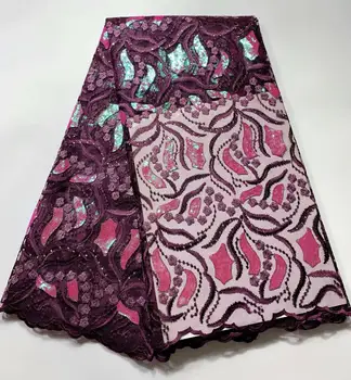 

purple Color African French Sequins Net Lace Fabric/ New Fashion Nigerian Embroidered Guipure Wedding Laces FY-119