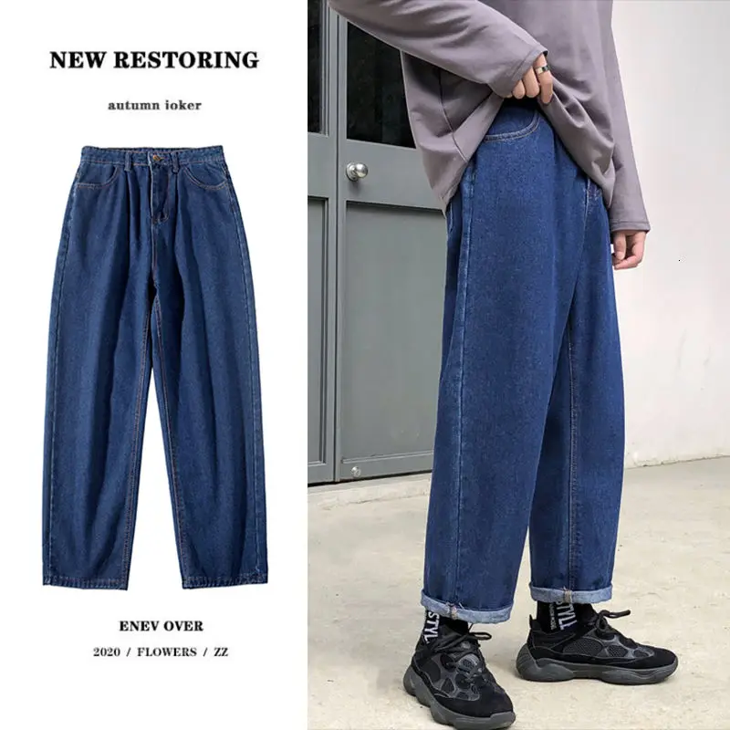 

Straight Jeans Men's Fashion Casual Retro Blue Black Jeans Men Streetwear Autumn Wild Loose Hip-hop Denim Trousers Mens M-5XL