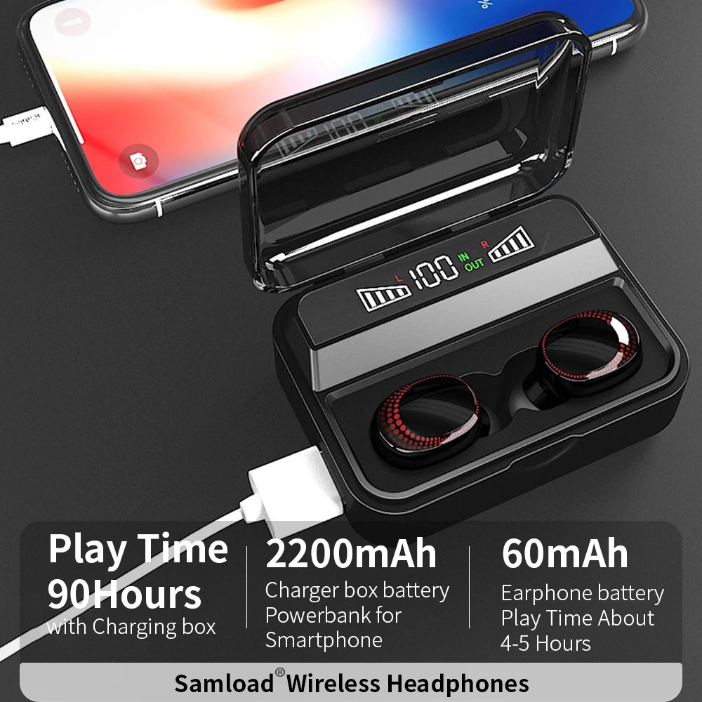 Samload, настоящие беспроводные стерео наушники, Bluetooth наушники, вкладыши, наушники с 2200 мАч, чехол для зарядки и светодиодным дисплеем