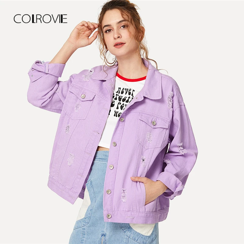 COLROVIE рваные женские джинсовые куртки с заниженным плечом черные белые большие