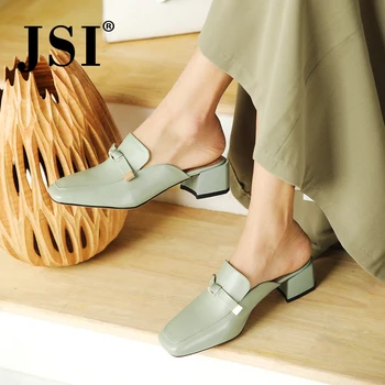 

JSI Brand sandals mules women square toe genuine leather upper metal decoration shoes women slip-on square middle heel JO511