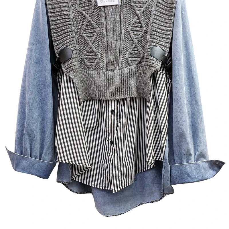 GALCAUR Patchwork Striped Shirt For Women O Neck