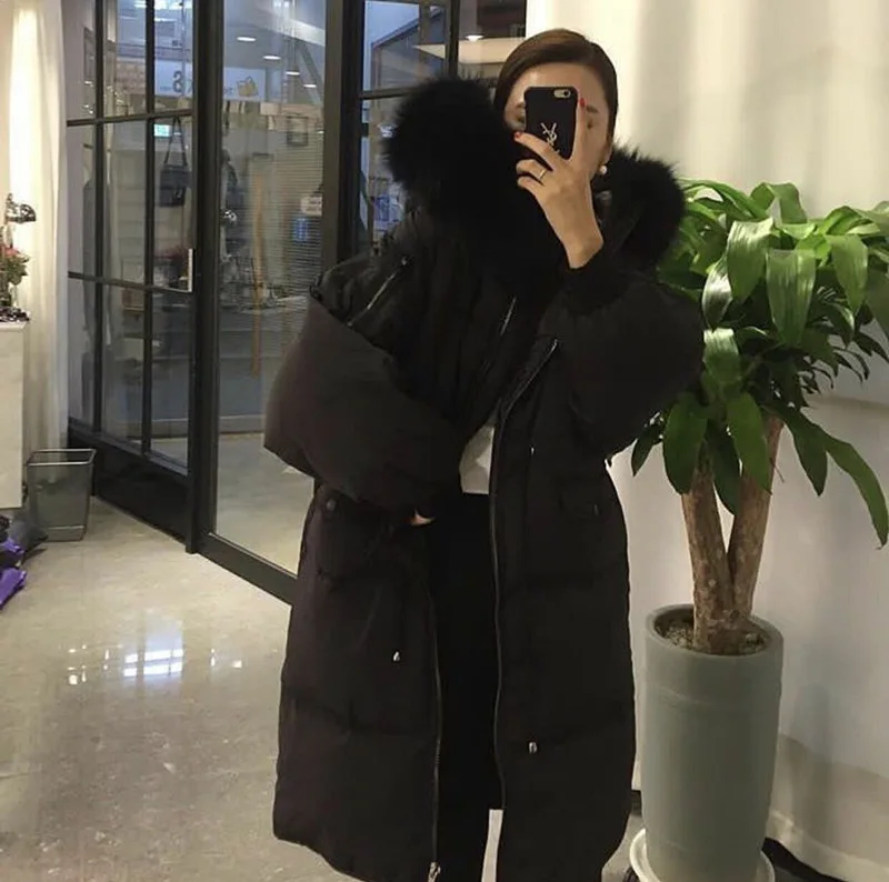 Южная Корея Dongdaemun свободный белый утиный пух толстый пуховик женский средней длины выше колена ультра большой меховой воротник