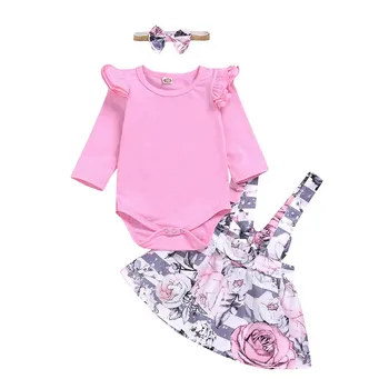 

Baby Girls Clothes Fashion Casual All-match Solid Color Ruffle Sleeves Top T-shirt Flowers Pattern Strap Skirt Hairband Set