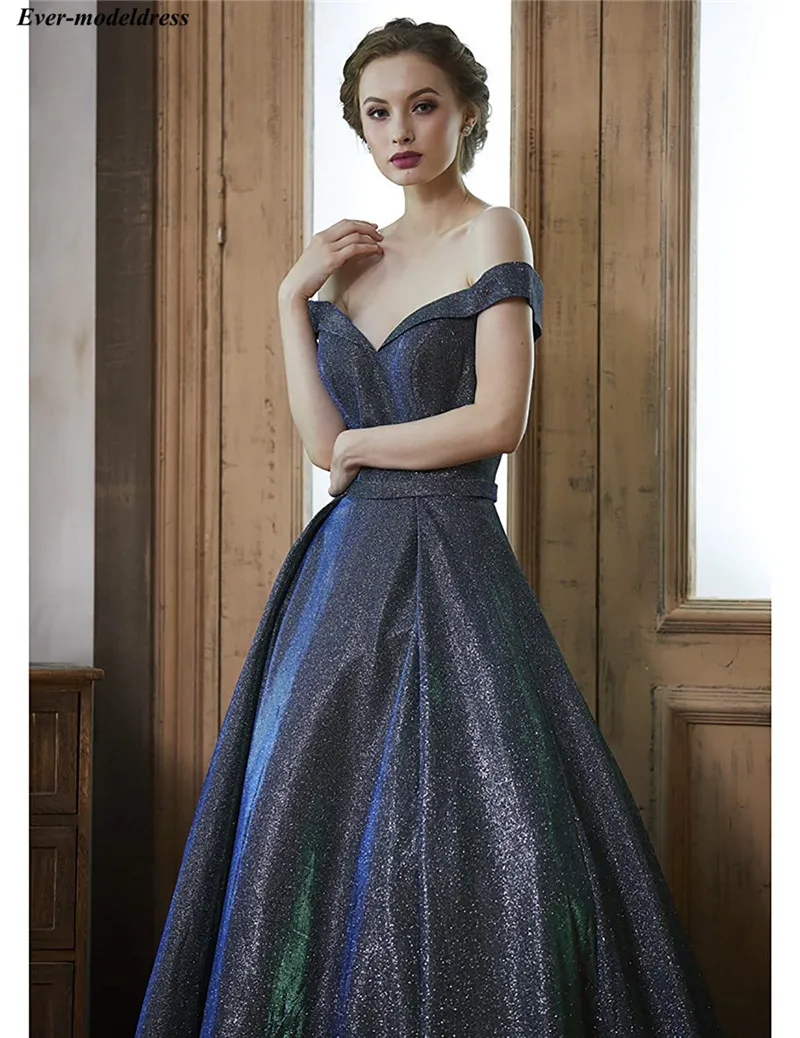 Off Shoulder Shiny Prom Dresses Long Zipper Back A-line Simple Formal Gowns Evening Party Gowns Vestidos De Festa Cheap