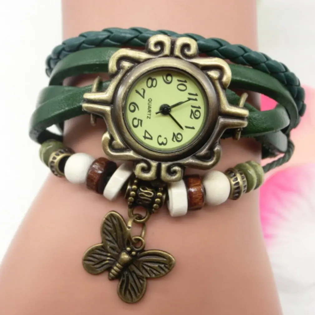 Vintage Women Wacthes Butterfly Pendant Bracelet Wristwatches Braided Leather Quartz Watch Women Wacth