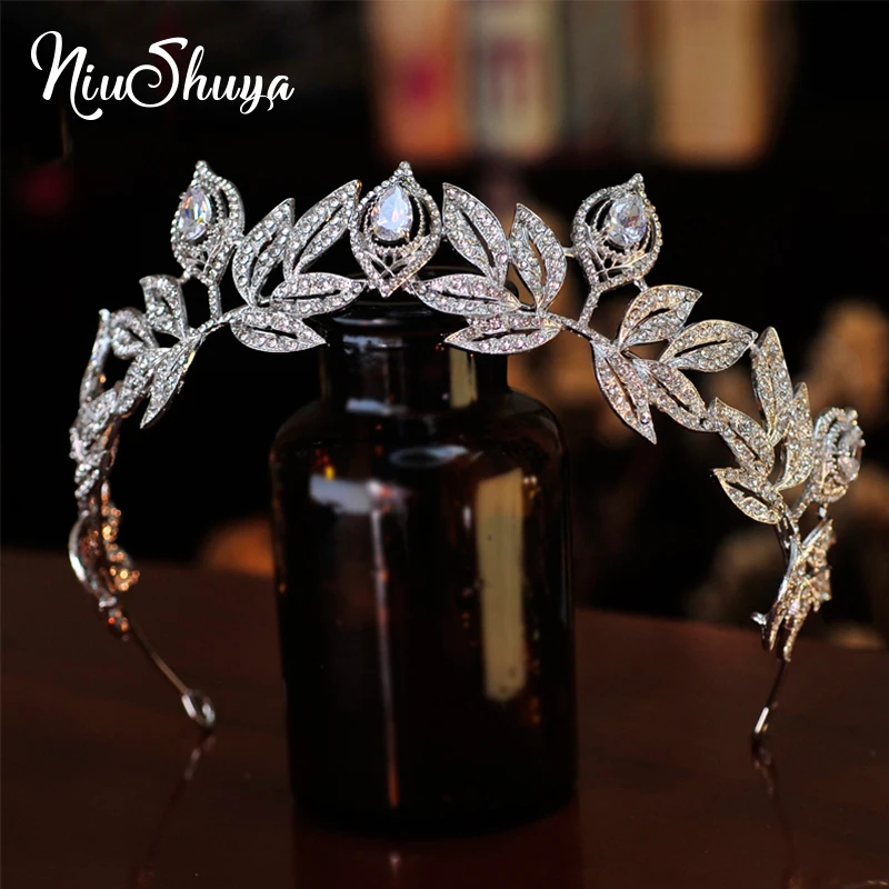 

NiuShuya Large Zircon Rhinestones Crystal Tiaras Crowns Bride Leaf Diadem Pageant Engagement Headbands Wedding Hair Accessories
