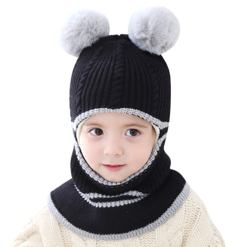 Hirigin New Baby Girl Balaclava Mask Fur Hat Winter Wool Warm Velvet Beanies Knitted Cap Kids Pompom Gorras