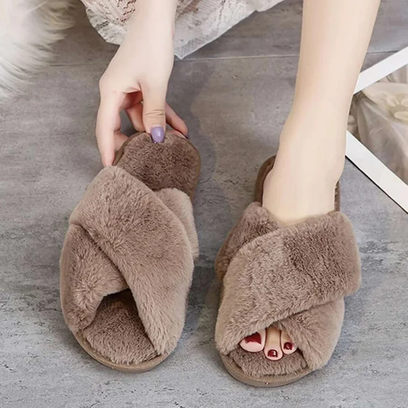 Chaussure Femme Winter Women House Slippers Faux Fur Fashion Warm Shoes Woman Slip on Flats Female Slides Black Pink Home Furry