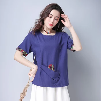

COIGARSAM Cotton Linen blouse women New Summer Loose blusas womens tops and blouses Red Blue 2528