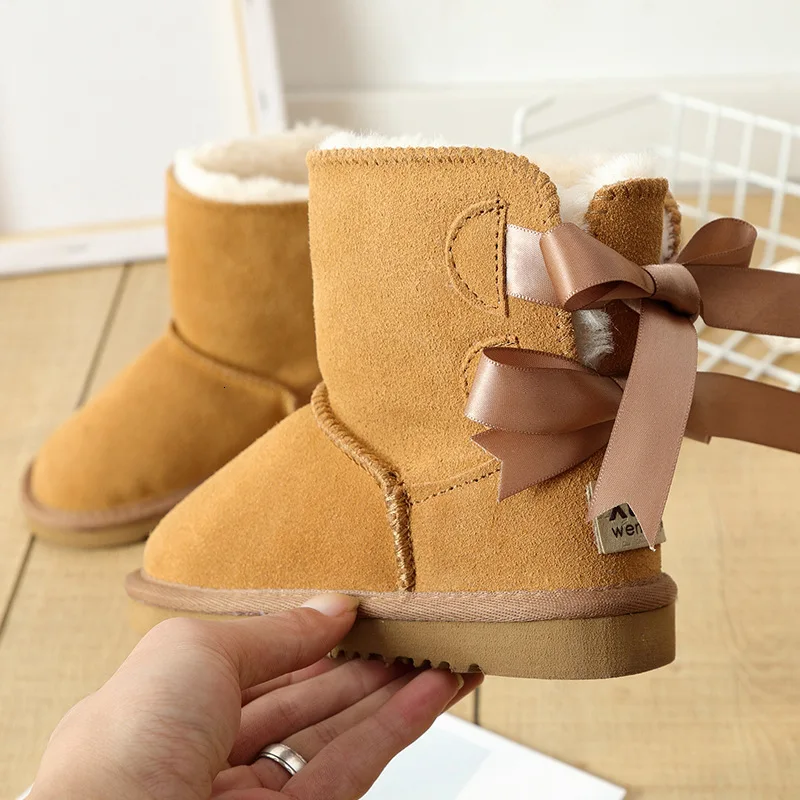 Online Botas de nieve de piel para niñas de invierno de nueva marca, botas de invierno impermeables para niños, botas de felpa abrigadas para niños, botas para niños y niñas