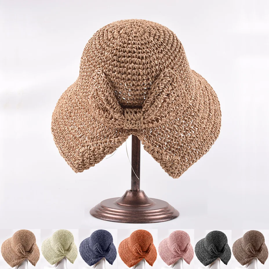 

Small along Straw Hat Women's Summer Simple Bow Casual Bucket Hat Shopping Outing Crochet College Style Sun Hat