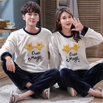 

Winter New Long Sleeve Women Pajamas Set Warm Cartoon 2 Star Flannel Pajama Couple Coral Velvet Sleep Wear Pyjamas 2Piece Set