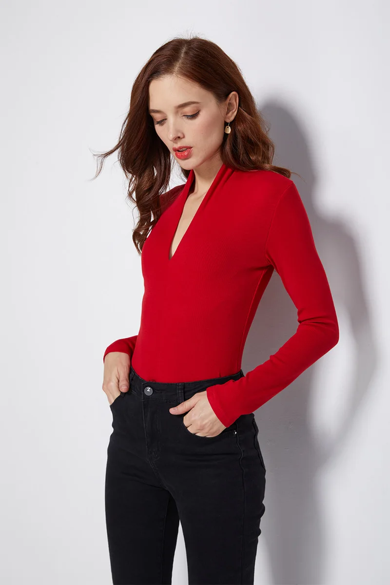 BRADELY MICHELLE Spring Autumn Casual Women Slim Long Sleeve V-neck Tops Cotton knitted Bodysuits With Hidden Button Jumpsuis corset bodysuit