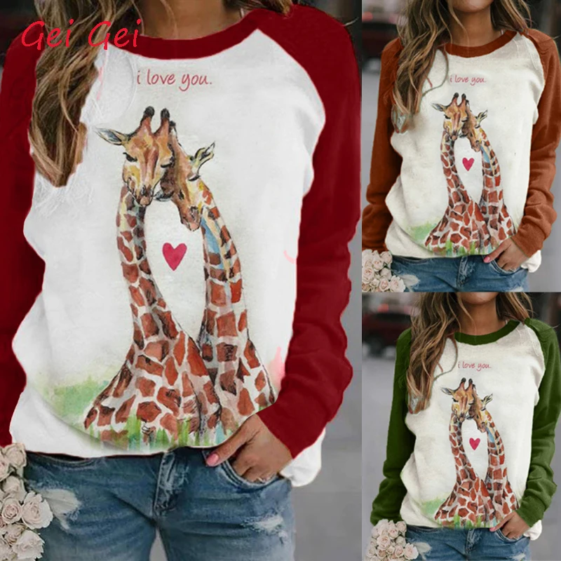 Женская футболка Love Giraffe большие размеры осенне-зимние женские футболки пуловер