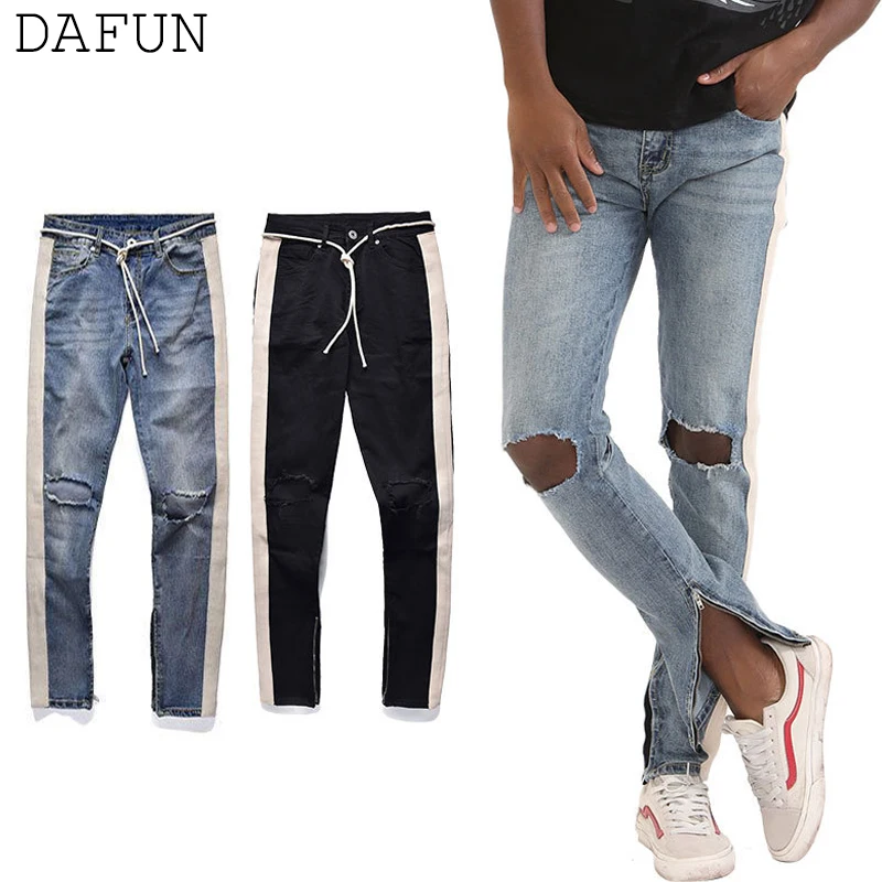 

Men Skinny Jeans Black Blue Ripped Jeans Hip Hop Streetwear Distressed Denim Trousers Striped Side Zipped Ankle Jean homme