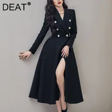 DEAT Woman Dress Black Notched Long Sleeve Slim Waist Double Breasted Vintage Style  Ball Gown Dresses 2022 New Spring 15XM447