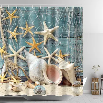 

Seashell Conch Starfish Shower Curtain,Waterproof Polyester Fabric Bath Curtain Design,-Inch,Fishing Nets Beach Ocean Decor