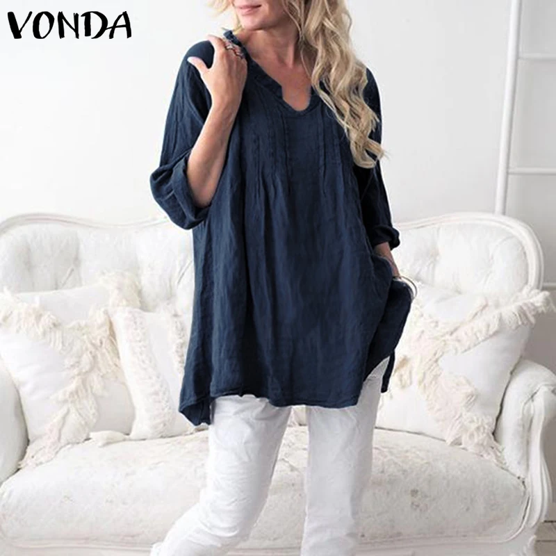 VONDA Винтаж блузка женская осень с длинным рукавом элегантные рубашки Для женщин хлопковые топы женские, повседневные, свободные плюс Размеры Blusas