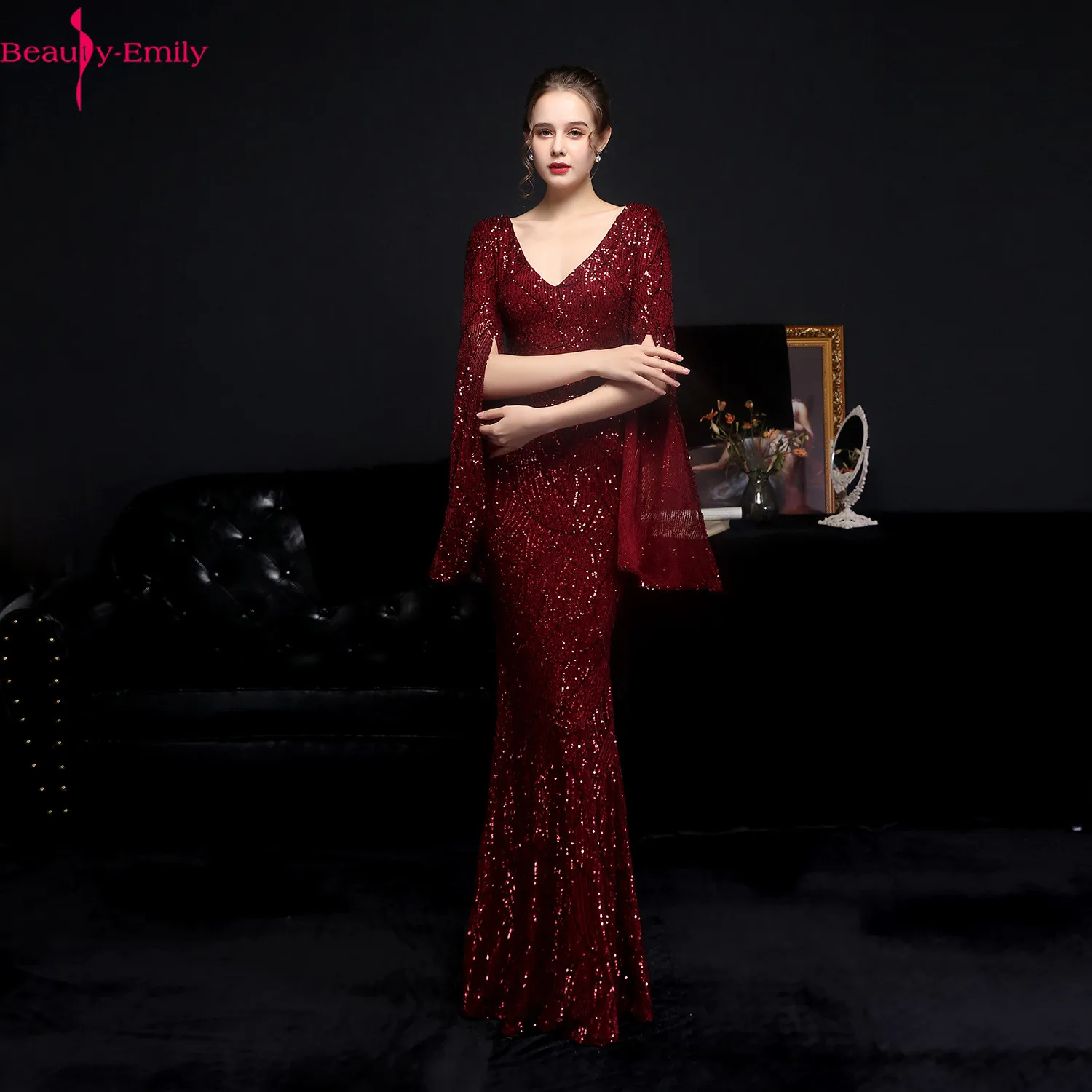 

Romantic V Neck Long Flare Sleeve Mermaid Evening Dress Long 2021 Luxurious Sequined Zipper Back Party Dress 6 Colors Available