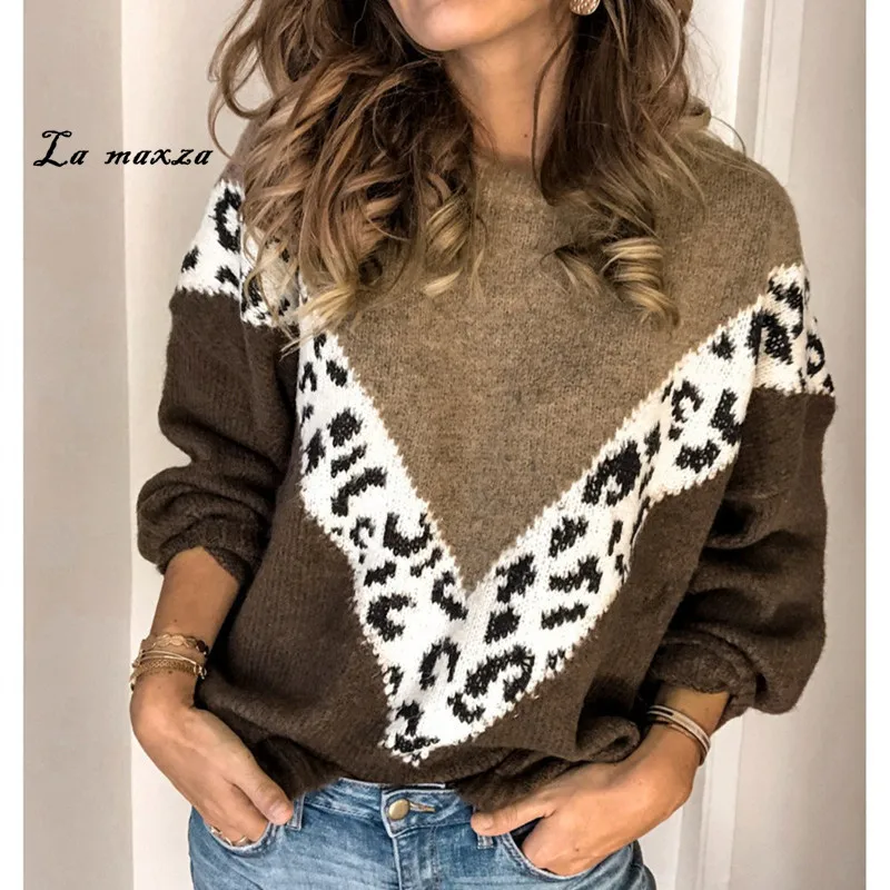 Свитер женский трикотажный с леопардовым принтом осень размера плюс | Женская