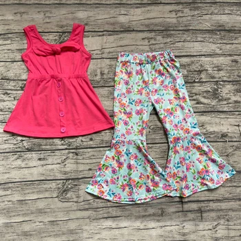 

Toddler Kids Baby Girl Summer Pink Bow Tops Flower Flare Bell Bottom Pants 2Pcs Outfits Clothes Children Clothing Sets