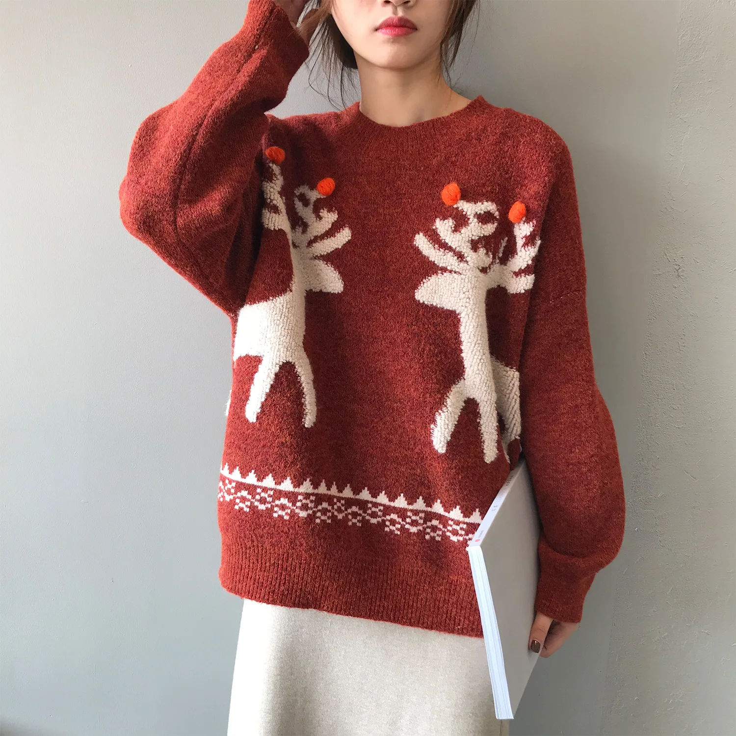 HXJJP Зимний красный Рождественский женский свитер с лосем женский свободный ретро вязаный пуловер с круглым вырезом и длинным рукавом
