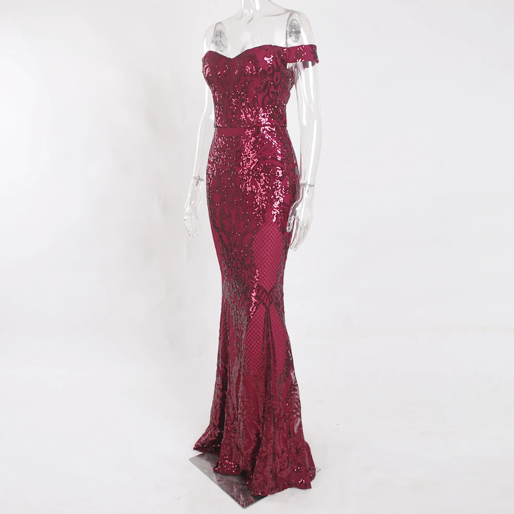 Off The Shoulder Burgundy Sequined Maxi Dress Night Party Dress Slash Neck Floor Length Long Dress