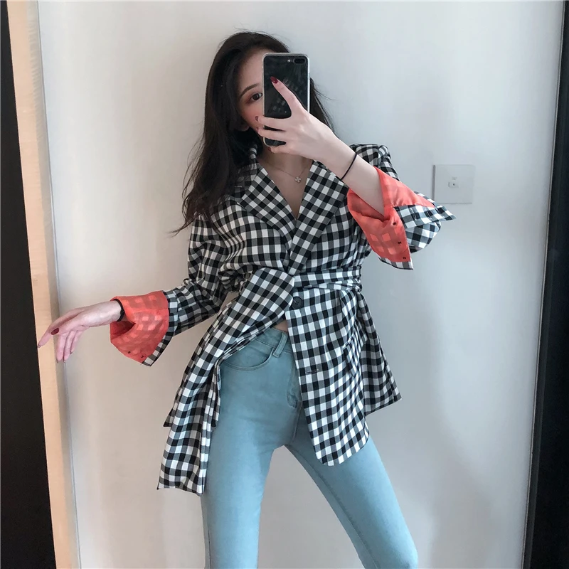 Streetwear Plaid Blazers Women Chic Notched Long Sleeve Jacket with belt Spring Autumn office lady blazers bleiser feminino