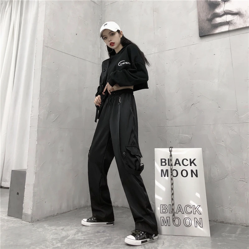 Harajuku женские брюки-карго с высокой талией свободные карманы брюки женские s корейский уличная хип хоп брюки женские pantalon mujer