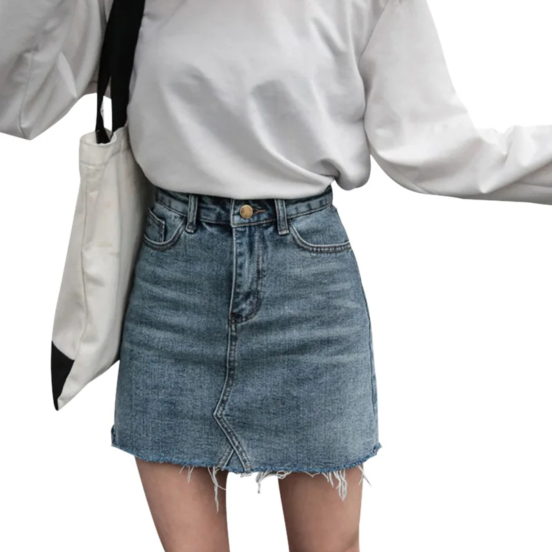 Новая Летняя мода высокая талия юбки женские Карманы Кнопка Джинсовая юбка женская джинсовая юбка кэжуал - Цвет: L