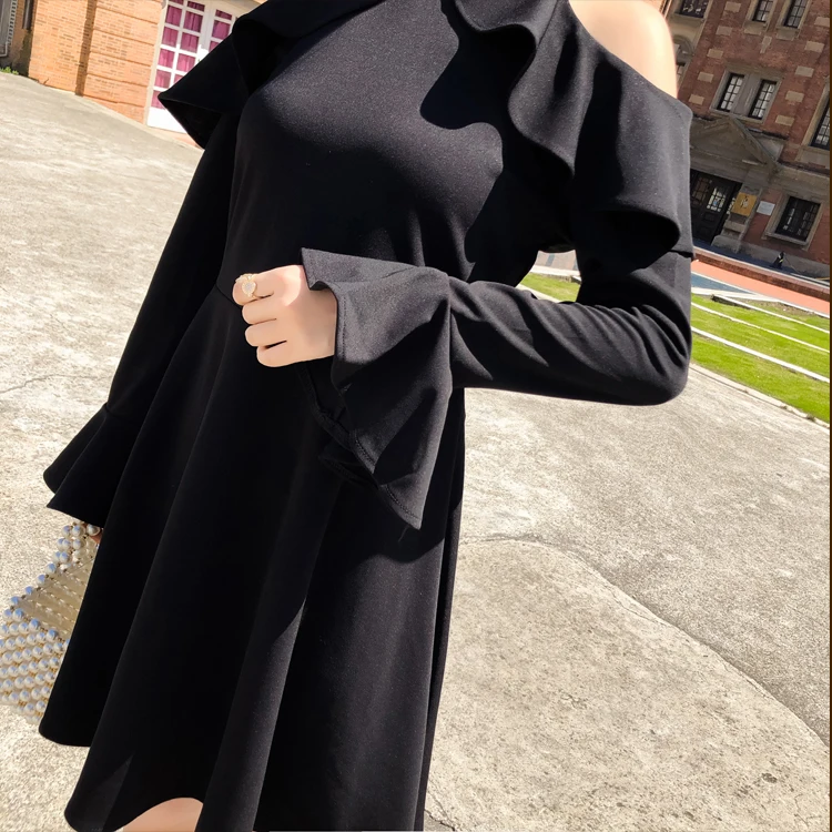KAUNISSINA черные коктейльные платья холодное плечо с длинным рукавом А-силуэт Клубные вечерние платья для выпускного вечера Твердые корейские платья для выпускного вечера